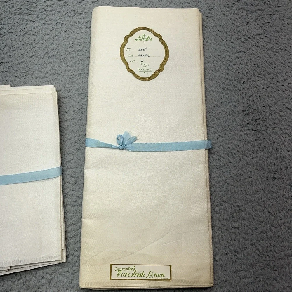Pure Irish‎ Linen Tablecloth 64x82 & Napkins Vtg Ireland Made 200# Pat 11 Floral